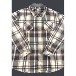 Mens Flannel Shirt 3XL Plaid Button Up Long Sleeve Blue Tan Cotton Blen